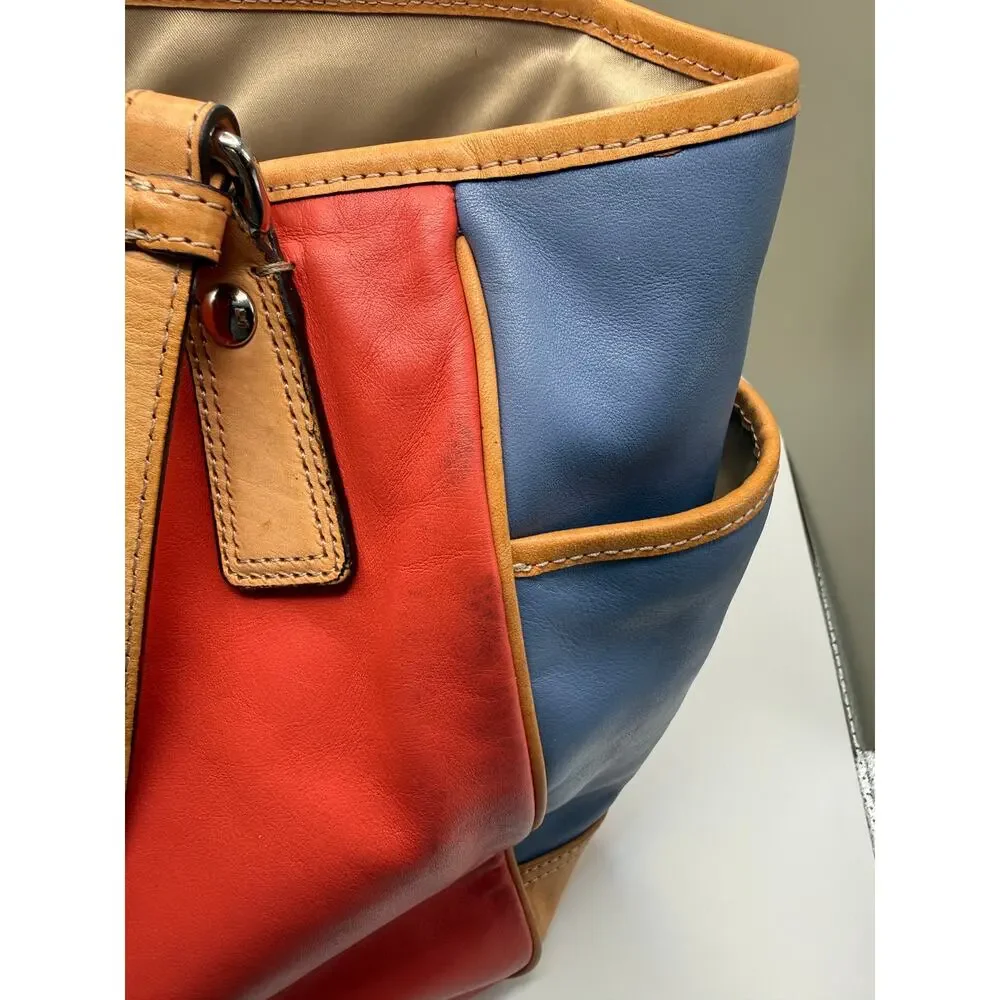 Coach F23683 Park Color Block Leather Tote Shoulder Bag Red Blue Tan